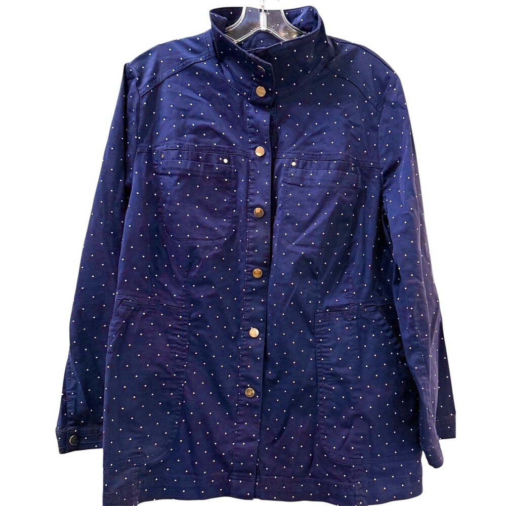 Chicos Navy Blue Polka Dot Twill Jacket Gold Snap Size XL 16/18 (3) Pockets